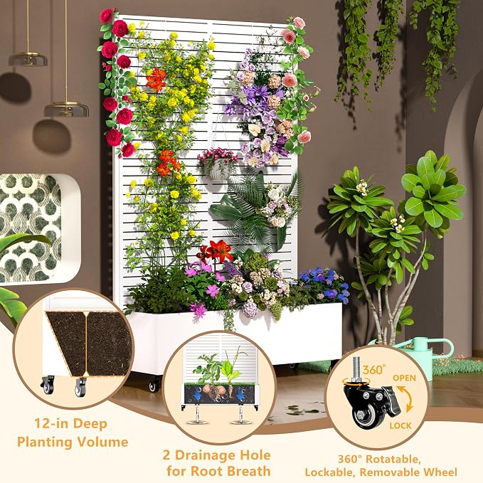 MTART Metal Planter Box with Trellis, 72.1"x47.2"x16" Outdoor Galvanized Raised Garden Bed with Privacy Screen & Drainage Holes & Lockable Casters for Climbing Plants, Vegetable (White-Louvered)