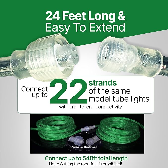 Tupkee LED Rope Light Green - for Indoor and Outdoor use, 24 Feet (7.3 m) - 10MM Diameter - 144 LED Long Life Bulbs Rope Tube Lights - Pack of 2
