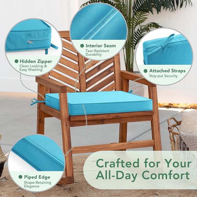 Outdoor Chair Cushions Set of 6: Waterproof & Fade Resistant Deep Seat Cushion for Patio Furniture - 24 x 24 x 3 Inch Chair Pads with Ties and Hidden Zipper - Patio Chair Cushion Replacement, Teal