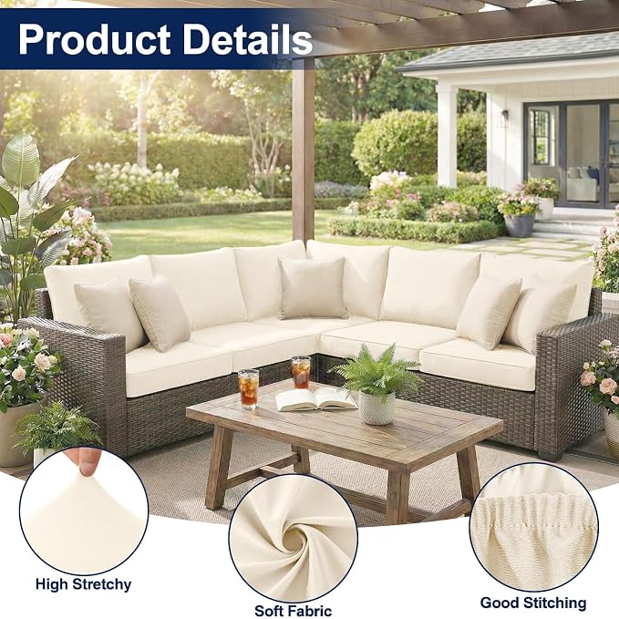 Smiry Waterproof Patio Cushion Covers, Stretch Outdoor Couch Slipcovers Replacement Washable Furniture Protector Sofa Chair Seat Cover for Dogs and Pets (14 Pcs, Beige)