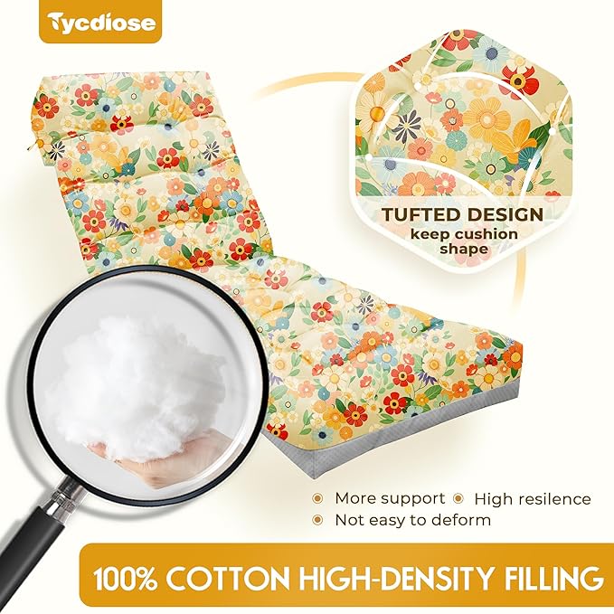 Outdoor Chaise Lounge Chair Cushion, 71 x 22 x 4.7 Inches Waterproof Chaise Lounge Cushions Replacement for Outdoor Furniture, Thickened Non-Slip Patio Lounge Chair Cushions, Daisy
