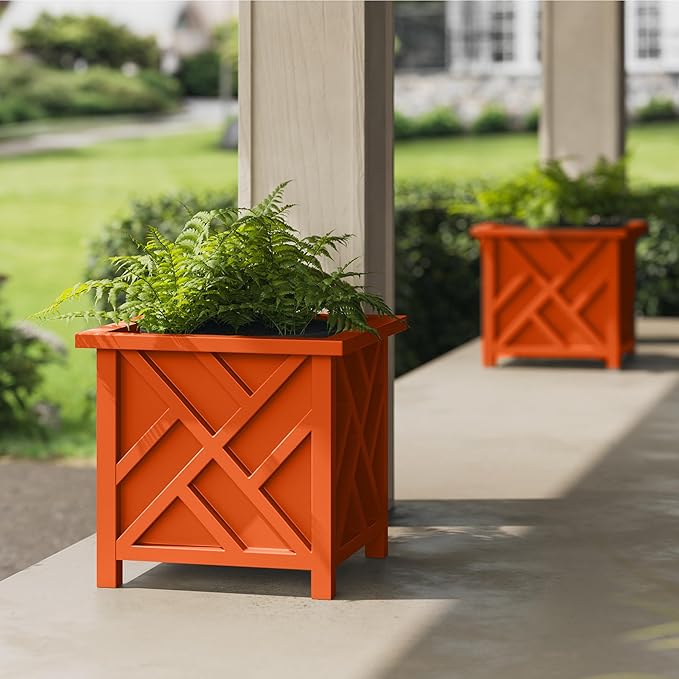 Lattice Design Outdoor Planter Box 2-Pack - 15.5” Square 16.5” Tall Terracotta Decorative Plant Pots for Front Porch Decor - Flower Pots Outdoor Planters for Porch Patio or Garden Decor by Pure Garden