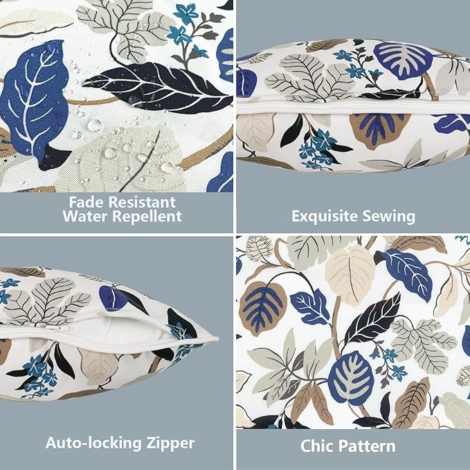 LVTXIII 2 Pack Outdoor Lumbar Pillow Covers 12x20 Inch with Piping, Water-Repellent Back Cushion Covers ONLY for Patio Furniture, Sofa, Garden Bench, Breeze Leaves Beige