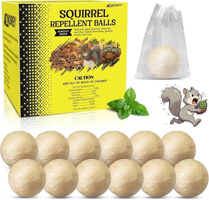 Squirrel Repellent Balls- Chipmunk & Rodent Deterrent for Outdoor & Indoor Use, Attic, Garden, Cars, Bird Feeders - Safe for Pets & Kids, Lasts 30-60 Days (18)