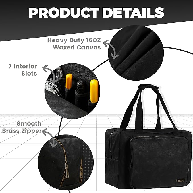 Canvas Tote Bag, 16OZ Waxed Canvas Tool Bag Organizer - 1 Large Capacity & 2 Zipper Pouches - Multipurpose Garden Tote, Tool Storage Tote for Horticulturist Contractor Plumber Electrician - Black