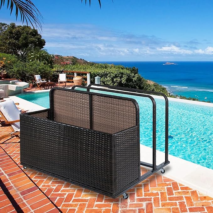 Outdoor Wicker Patio Poolside Float Storage with Rolling Wheels, Pool, Beach, Patio Storage Bin for Floaties, Pool Accessories and Patio Furniture Brown