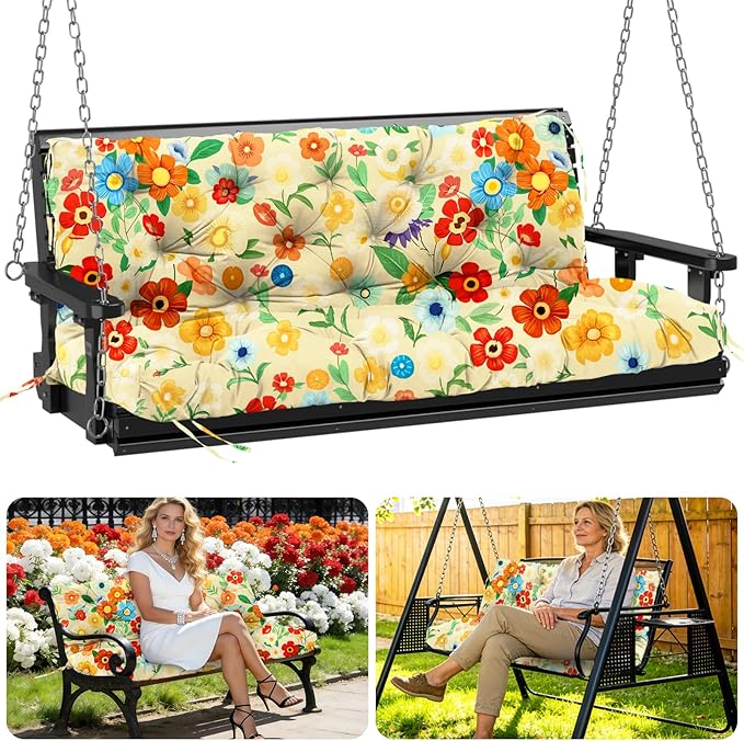 Porch Swing Cushions Outdoor 40 inch x 40 Waterproof Swing Cushions 3 Seater Replacement with Backrest & 8 Ties 5" Thick Bench Swing Cushions for Outdoor Furniture Patio(Floral Pattern)