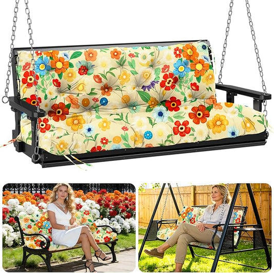 Porch Swing Cushions Outdoor 40 inch x 40 Waterproof Swing Cushions 3 Seater Replacement with Backrest & 8 Ties 5" Thick Bench Swing Cushions for Outdoor Furniture Patio(Floral Pattern)