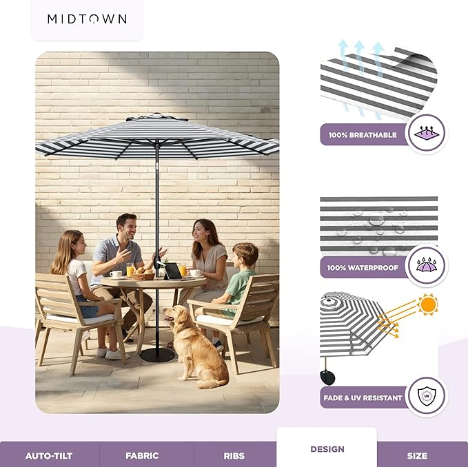 Midtown Umbrellas - 10-Year-No-Fade 10 Ft Patio Umbrella with Terylast Fabric, Auto-Tilt Aluminum Frame and 8 Reinforced Ribs for Deck, Pool, Garden & Beach - Grey/White Stripes Canopy, Black Pole