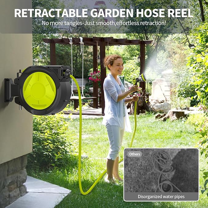 Retractable Garden Hose Reel - 1/2 inch x 50ft Wall Mounted Hose Reel with 3/4 inch Brass Fitting & 10 Function Sprayer Nozzle - Any Length Lock, Auto Rewind System, 180°Swivel Bracket - Black