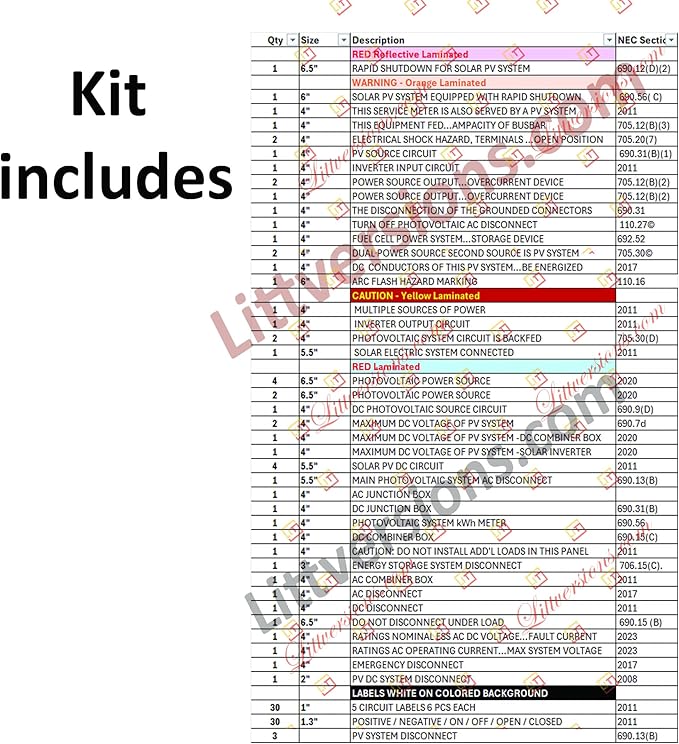 117 Pack Reflective NEC 2026/2023/2020/2017 Code Compliant Photovoltaic Solar Panel Label Kit Electrical Panel Safety Stickers Outdoor Rated Waterproof