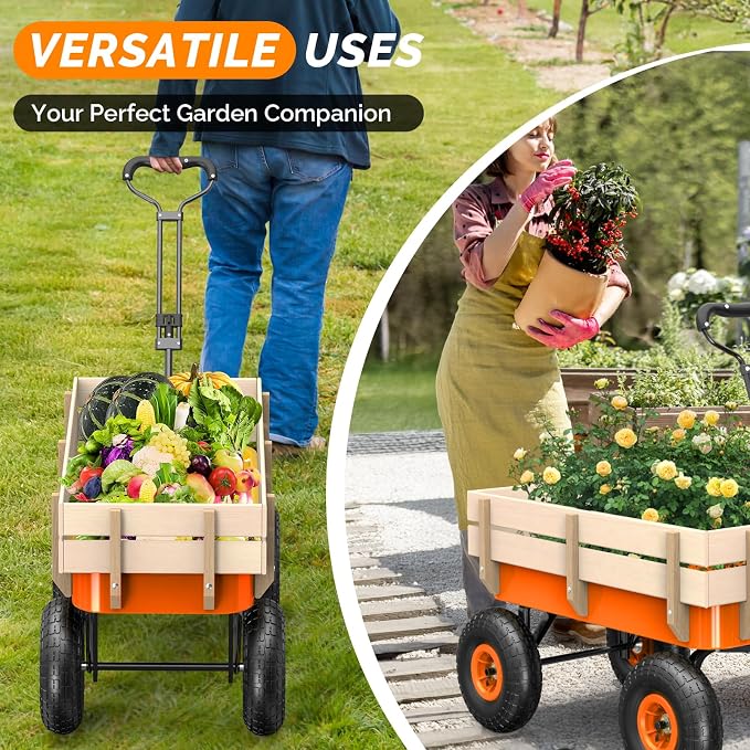 VINGLI Wagon Cart, Steel Frame and Wood Coated Railing, 330lbs All Terrain Wagon 9.2in Tires for Garden and Outdoor (Orange)