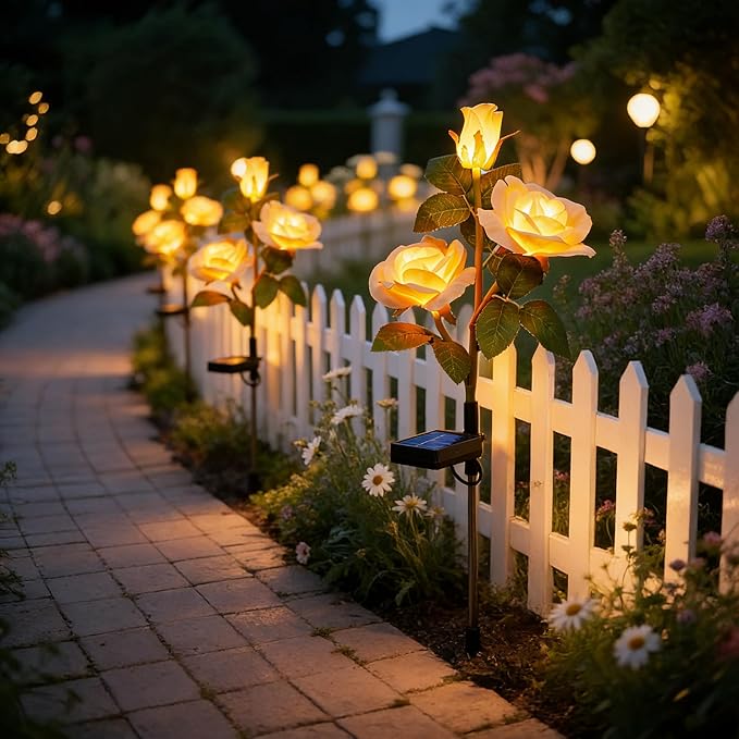 Brightown Outdoor Solar Flower Lights, 4 Pack Solar Garden Light with Larger & More Realistic Champagne Rose, Bigger Solar Panel, Waterproof Solar Lights Outdoor for Yard Garden Lawn Pathway Decor