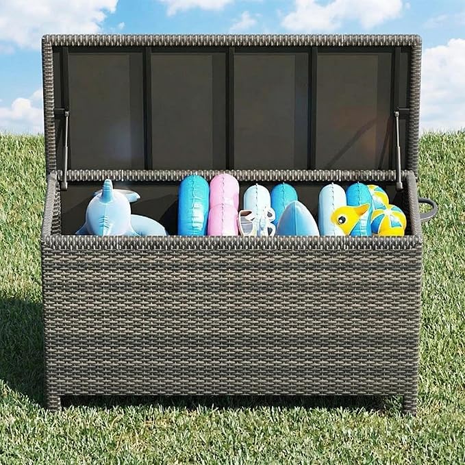 125 Gallon Wicker Deck Box, All-Weather Outdoor Storage Bin with Rattan Finish, for Patio Furniture, Cushions, Pool Supplies & Garden Tools (Gray)