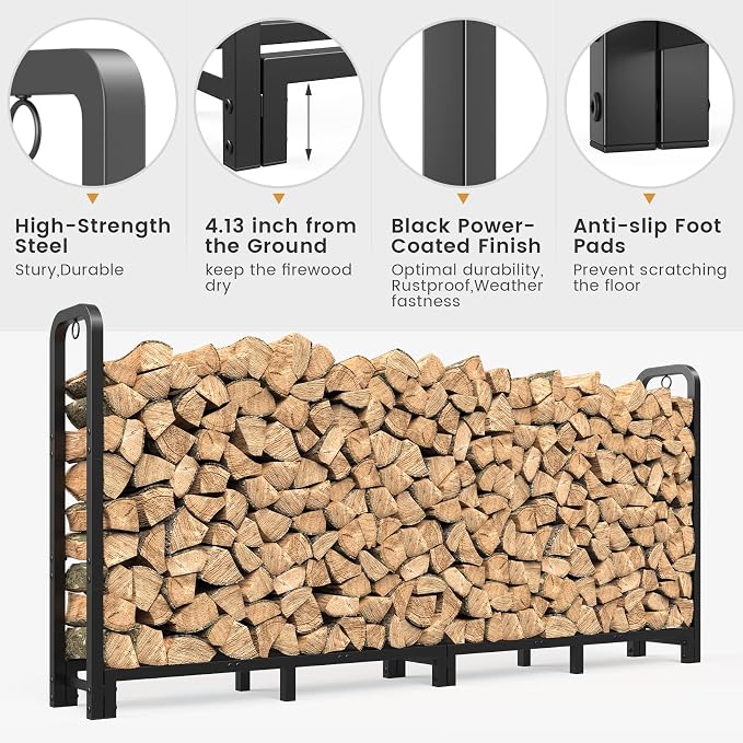 Mr IRONSTONE 8ft Firewood Rack Outdoor Indoor, Upgraded Heavy Duty Adjustable Fire Wood Rack Holds Up to 4500lbs, Fireplace Log Holder Wood Storage for Porch Patio, Easy Assembly