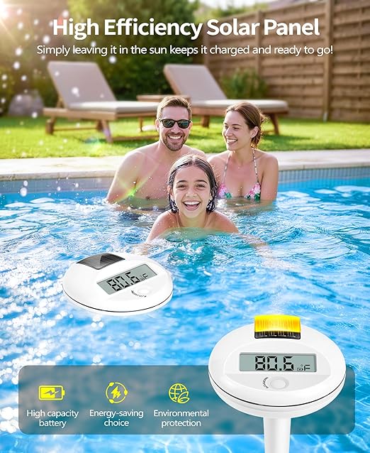 Sinbyuer 2026 Solar Digital Pool Thermometer with Rope | Easy Read Large LCD Display & Big Numbers Floating Pool Thermometer | High Precision & IP68 Waterproof Pools Temperature Gauge for Spa - White
