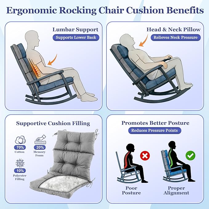 Rocking Chair Cushion, Waterproof and Fade-Resistant Adirondack Rocker Cushions, Indoor/Outdoor Rocking Chair Pads, High Back Memory Foam Patio Furniture Cushions with Ties, 44x23x4 Inch, Light Grey