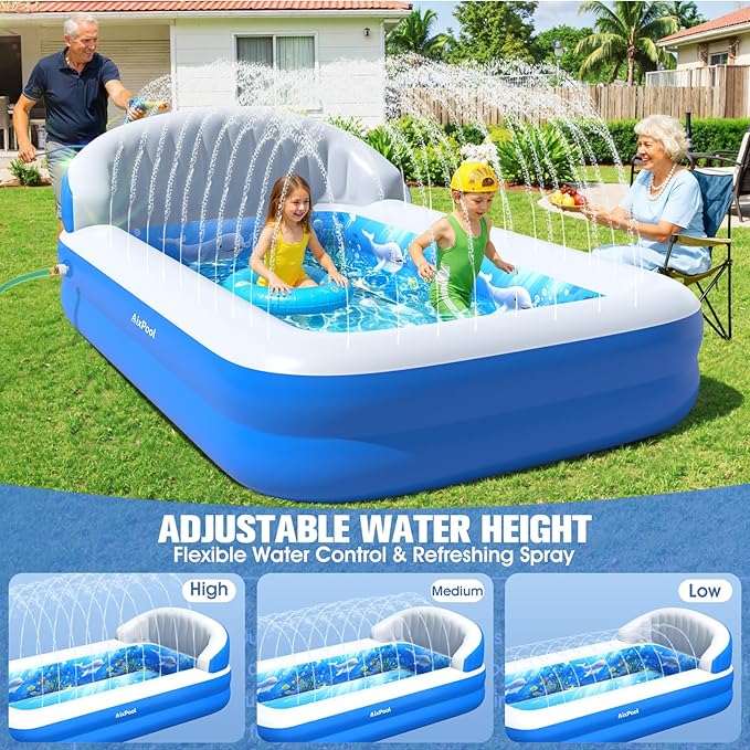 2026 Inflatable Pool with Sprinkler,Durable Blow up Pool with Big Backrest, Rectangle Kids Pool Backyard,Children Swimming Pool,Small Inflatable Kiddie Pool,Outdoor Water Pool for Kids-M