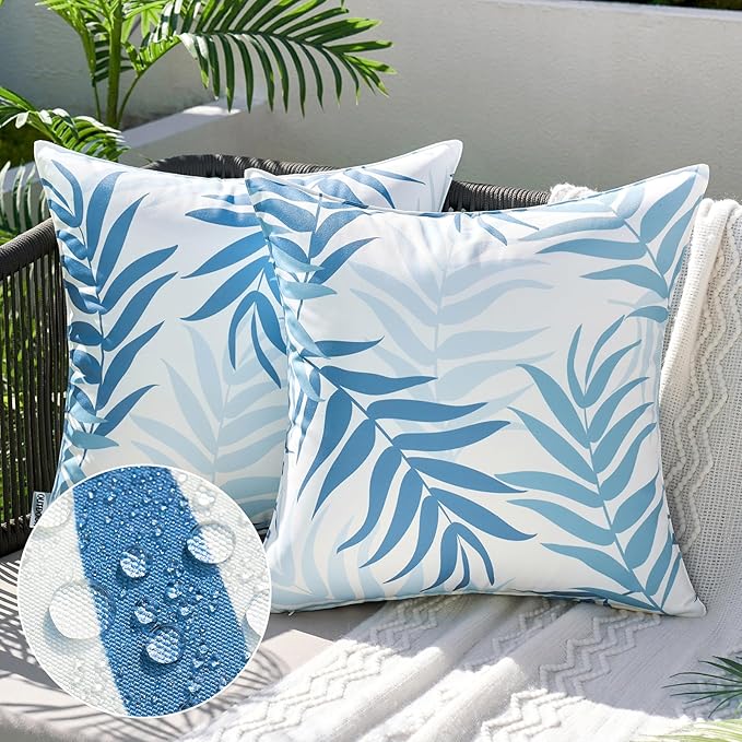 MIULEE Pack of 2 Decorative Outdoor Waterproof Throw Pillow Covers Patio Pillow Cases Natural Leaves Pattern Spring Square Cushion Shams Shell for Garden Balcony Couch 16x16 Inch, Light Blue