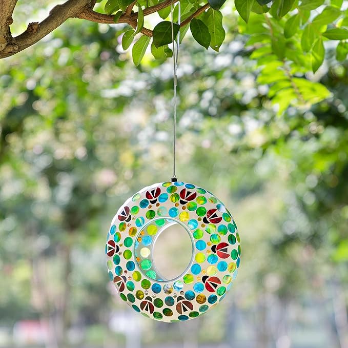 Glitzhome 8''D Mosaic Hanging Bird Feeder, Wild Bird Feeder with Blue/Green Dots & Ladybugs, Fly Through Bird Feeder for Outdoors Garden Yard Patio Deck Porch Decor
