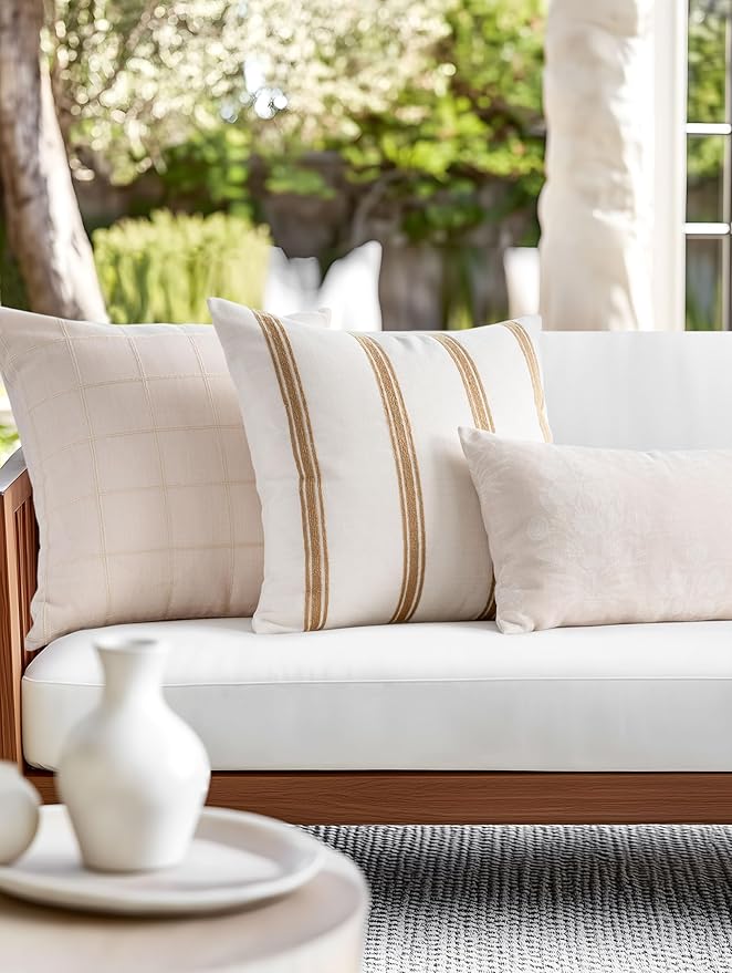 Crumbs Home Modern Farmhouse Fall Linen Indoor Outdoor Lumbar Pillow Cover Only, 12"x20" Water Repellent for Patio, Backyard, Couch, Neutral Beige Floral