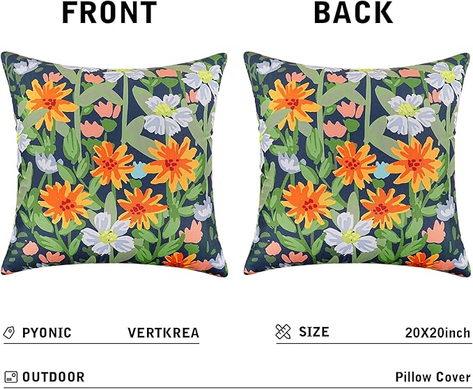Pyonic Spring Summer Floral Outdoor Pillow Covers 20x20 inch Waterproof Throw Pillow Covers Outdoor Pillows for Patio Furniture Garden Bench Porch,Navy Blue