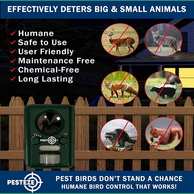 PESTEZE USA Solar Ultrasonic Animal Repellent – Detects & Deters Unwanted Skunk, Deer, Coyote, Fox, Wolf, Rabbit, Raccoon & Birds Using Motion Activation; Outdoor Pest Protection for Yards & Livestock