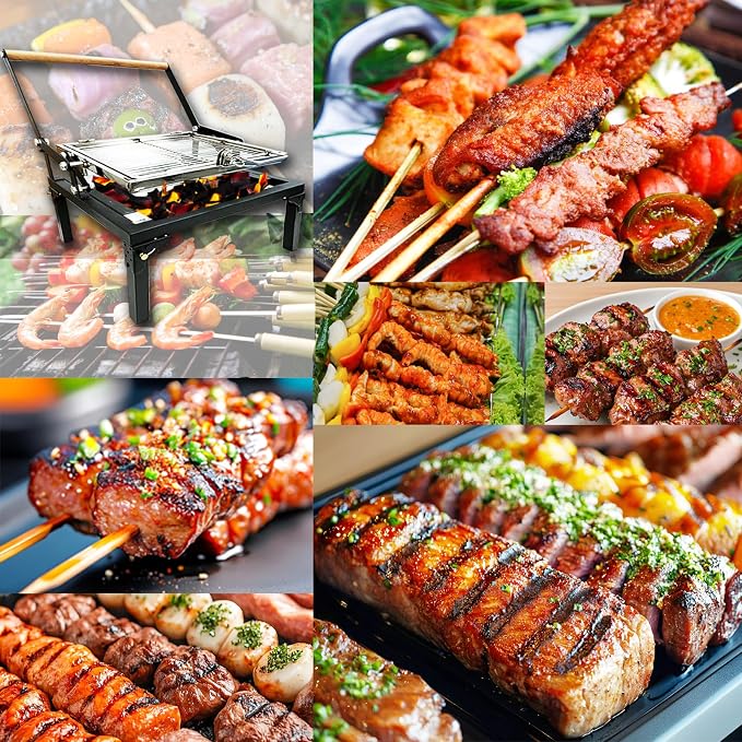 Rotating BBQ Grill, Foldable Flipping Charcoal Grill with 360 Degree Rotating Cooking Grille, Cooking Grill with Adjustable Tray, Suitable for Outdoor Camping Picnicking Backyard Garden Parties