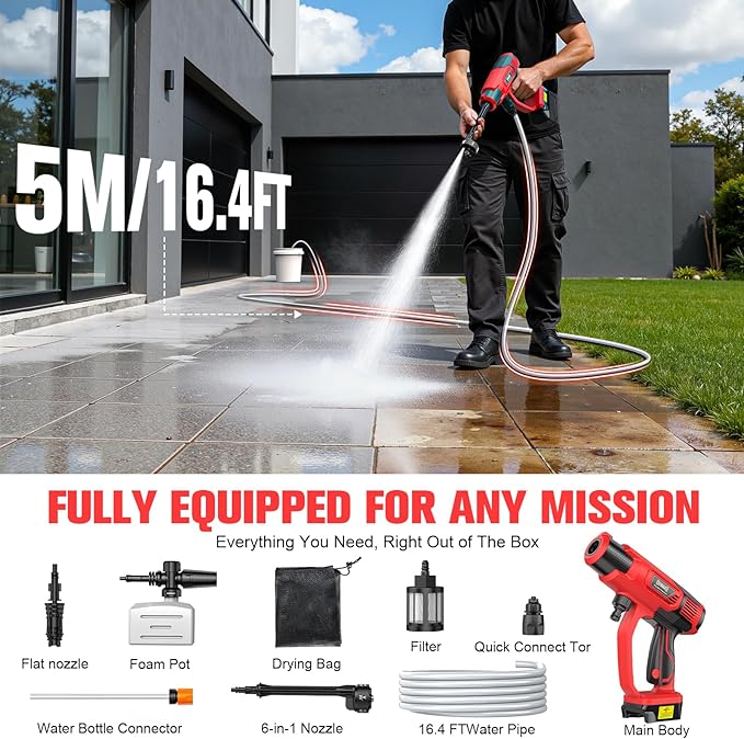Cleaning Tool Compatible with Milwaukee 18V Battery, 2.2LBS, with 16.4ft Hose & 6-in-1 Nozzle + Attachment for Car, Patio, Fence (Battery not Included, Tool Only)