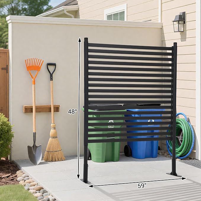 IDEALHOUSE 48"×59" Outdoor Privacy Screen, Freestanding Galvanized Steel & PE Slat Divider, 2-Way Installation Decorative Fence for Trash Can Patio Backyard Garden, Black