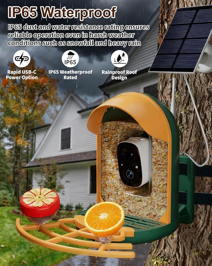 Smart Bird Feeder with Camera, Solar Powered Wireless Birds 2K HD Camera with APP Control, Night Vision, Motion Detection Alerts, IP66 Outdoor Birdfeeder for Backyard Garden Bird Watching, Green