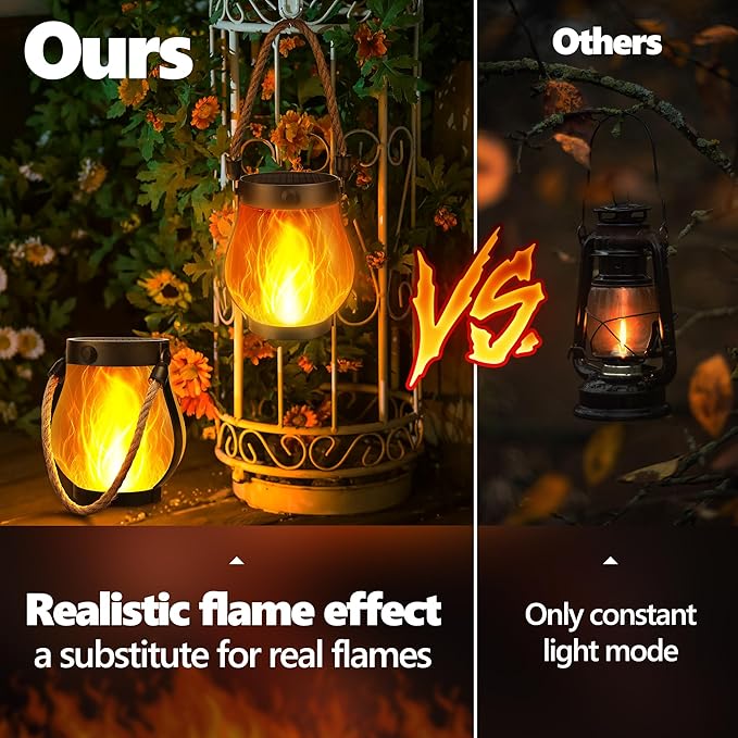 Jyoiat Solar Lanterns Outdoor Waterproof - 2 Pack Hanging Solar Flame Lights with Dual Charging Modes of Solar & USB for Garden Yard Patio Decorative (Warm White - 2 Pack)