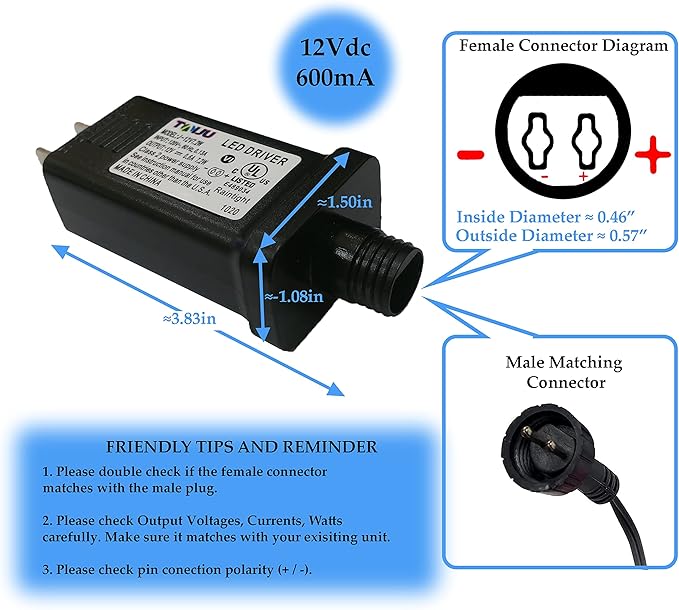 12V 0.6A Replacement Inflatable Adapter UL Listed | Power Supply Transformer 12Vdc 600mA for Holiday Blow Ups Christmas Yard Decorations Halloween LED Lawn Garden Inflatables Taiju Compatible
