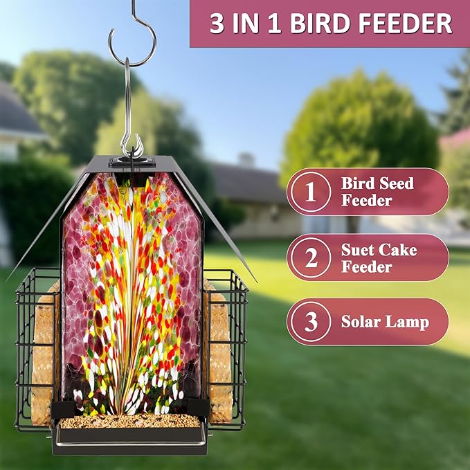 LUJII Solar Bird Feeder for Outdoor Hanging, 2 Suet Cake Cages, Hand-Blown Glass Container, Metal Roof, All-Weather Design for Woodpeckers, Purple