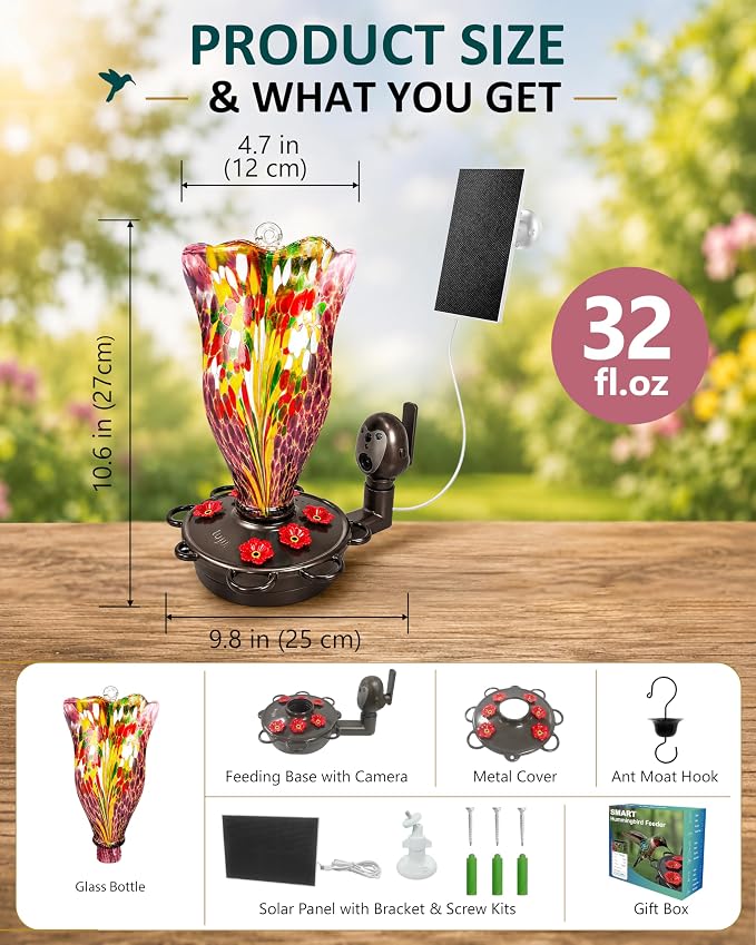 LUJII Smart Hummingbird Feeder with Camera, Hand Blown Glass for Outdoor Hanging, Solar WiFi Feeder with Live View App, 6 Feeding Ports, Leak-Resistant Design, Ant Moat & Gift Box, 32 fl oz, Purple