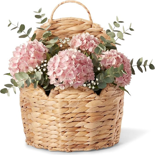 Door Basket Scalloped Hanging Storage Basket,Water Hyacinth Woven Wall Baskets for Front Door Decor, Hangable Storage Organize for Flowers,Planter,Mails,Wicker Baskets for Organizing Garden - S