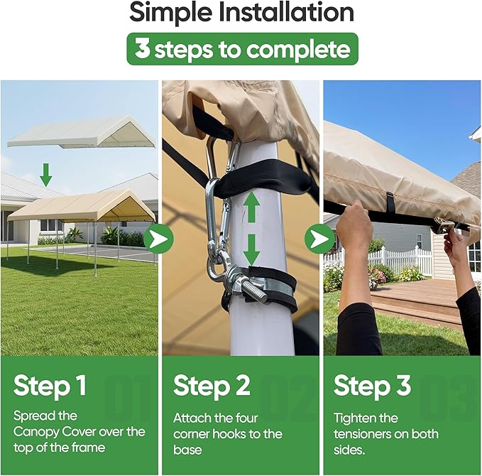 SIHAIAN 11 x 20 Ft Carport Replacement Canopy Cover(No Frame), Easy to Set up Carport Canopy, 500D Heavy-Duty Garage Top Tent Shelter Tarp Waterproof and UV Protected (Only Canopy Cover)