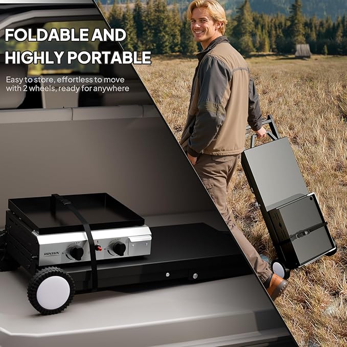 ROVSUN 2 Burner Foldable Propane Griddle with Wheels & Enameled Tray, 20000 BTU Portable Flat Top Gas Grill with Electronic Ignition & Regulator for Outdoor Cooking Camping BBQ Tailgating Picnicking