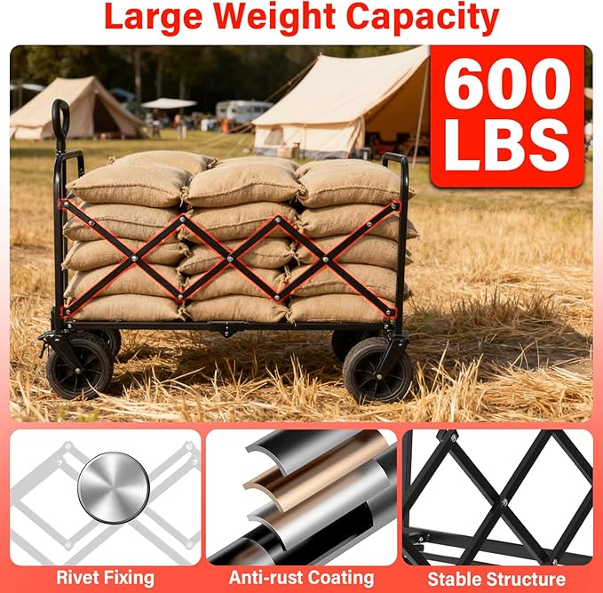 Collapsible Wagon Cart Foldable, 600LBS Beach Wagon with Big All-Terrain Wheels & Brakes, Heavy Duty Folding Utility Carts with Cup Holders for Garden, Camping, Sports, Groceries, Shopping