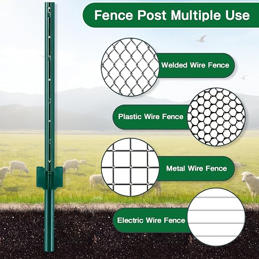 Gtongoko 10 Pack 3FT Heavy Duty Metal Fence Posts, Green U Channel No Dig Fence Stakes with Anchor Plate, 14 Gauge Steel Posts for Wire Fencing, Garden Protection, Animal Barrier, Yard & Farm Boundary