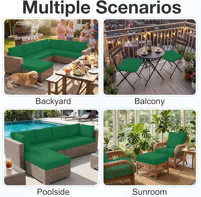 hyha Waterproof Outdoor Cushion Covers for Patio Furniture, Stretch Patio Chair Cushion Slipcovers, Coated UV Resistant Replacement Seat Covers, Solid Color (Green, 12PC)