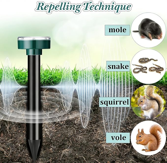 Mole Repellent 10 Pack Solar Sanke Repellent Sonic Gopher Repellent Vole Chaser Mole Deterrent Sonic Spikes Repellent Ultrasonic Pest Control Outdoor Keep Moles Out of Yard Lawn