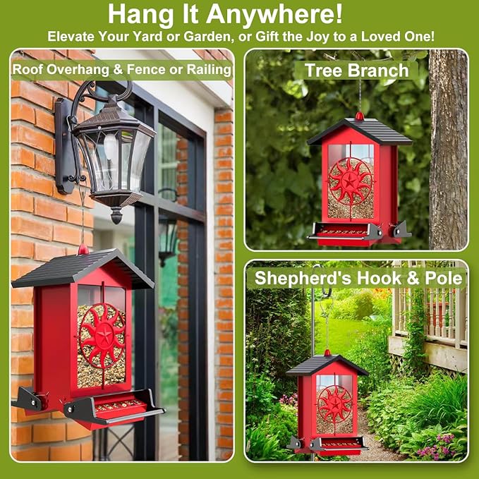 Squirrel Proof Bird Feeders for Outdoors with Weight-Activated, 5LB Large Metal Wild Bird Feeders for Cardinals,Blue Jay,Finch, Weatherproof Durable Hanging Bird Feeder for Backyard,Garden (Red)