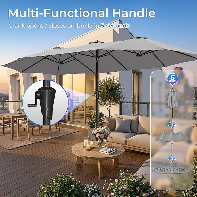 SUPERJARE 15FT Outdoor Umbrella for Patio, Double sided Pool Umbrellas with Fade Resistant Canopy, Large Table Umbrella for Deck, Market, Backyard - Gray(No Base)