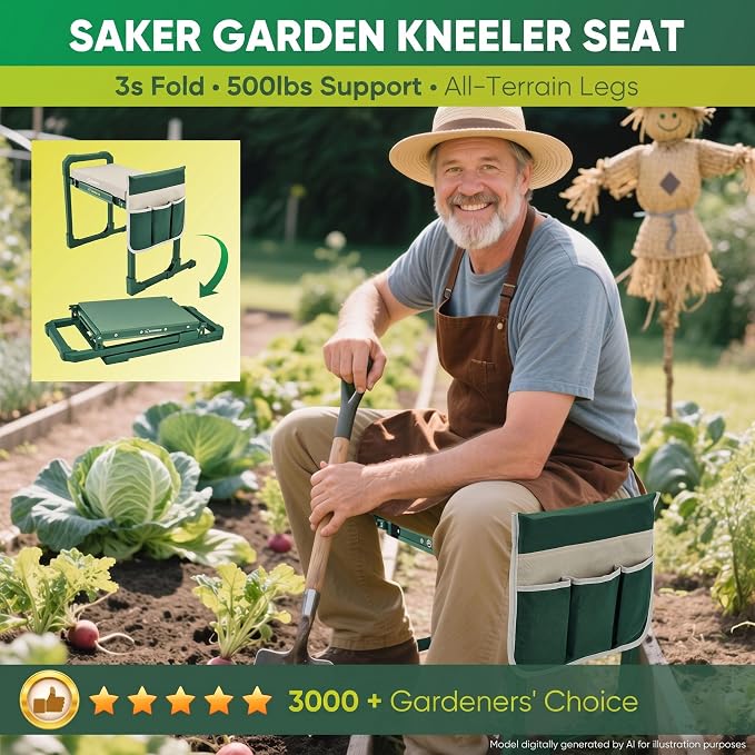 Saker Garden Kneeler and Seat Foldable Gardening Stool with Extendable Legs & Thickened Pad, Tool, Heavy Duty 400lbs Support for Elderly, Gardening, Outdoor Use