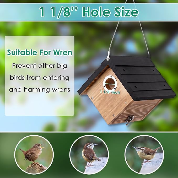 Dreyoo 2 Pack Wren House, 1-1/8'' Entrance Hole Hanging Wooden Wren Bird Houses for Outside with Metal Guard, Air Vents, Pine Wood for Chickadees (Black,Burnt Wood Color)