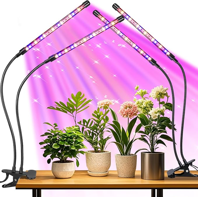 2 Head 2 Pack LED Plant Grow Light with Flexible Gooseneck, Suitable for Indoor Plants, Full Spectrum Clip on Plant Growing Light with Red, Blue, Yellow Beads, 10 Brightness Levels, 3/9/12H Auto Timer