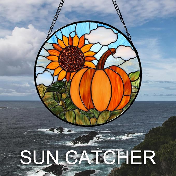 DASTOLL Stained Glass Window Hanging Fall Farm Scenery Sunflower Pumpkin 9.8" - Suncatcher Door Garden Kitchen Sunroom Sun Catcher Home Decor Birthday for Mom Grandma Men Woman
