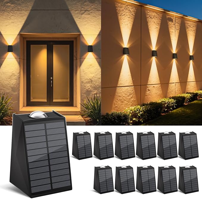 12Pack Solar Wall Lights Outdoor Waterproof Up and Down 2 LED Fence Sconce for House, Patio, Porch, Yard, Garden, Garage and Pool for Security and Decorative Lighting, Wall Mounted Install(Warm White)
