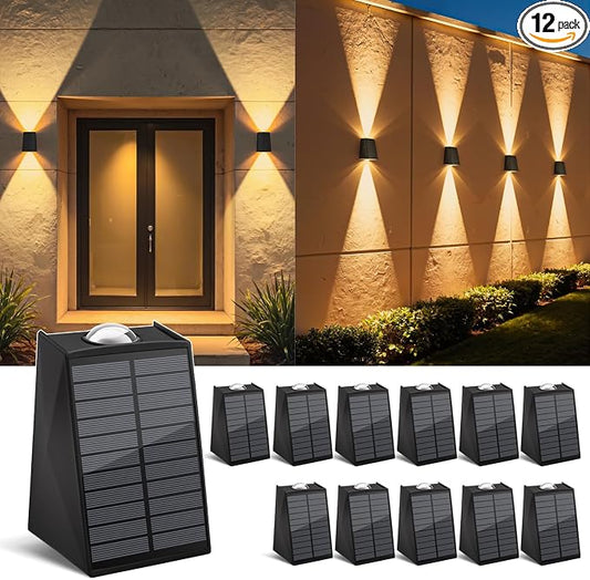 12Pack Solar Wall Lights Outdoor Waterproof Up and Down 2 LED Fence Sconce for House, Patio, Porch, Yard, Garden, Garage and Pool for Security and Decorative Lighting, Wall Mounted Install(Warm White)